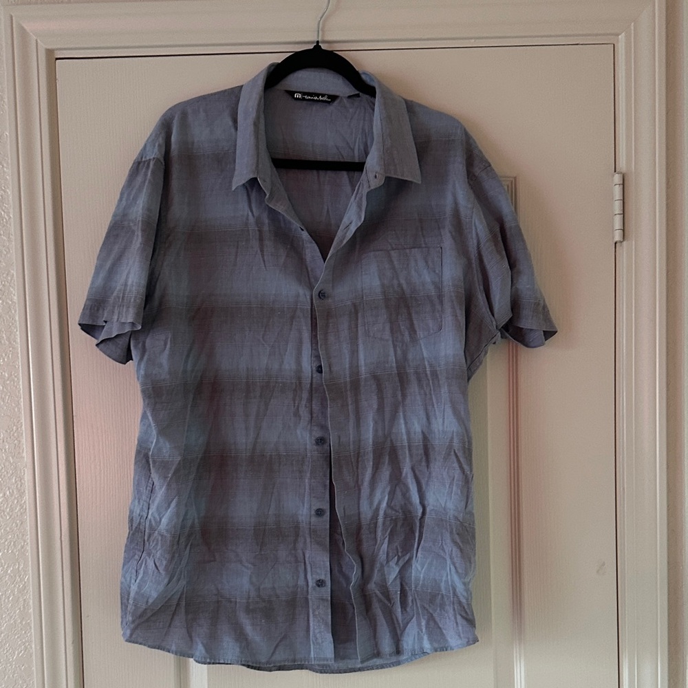 Travis Mathew Men's Short-Sleeve Button-Down in Slate Blue Plaid